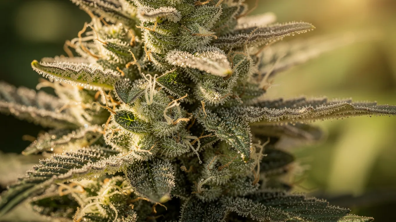 Hochwertige Hanfblüte mit glänzenden Trichomen reich an THC P
